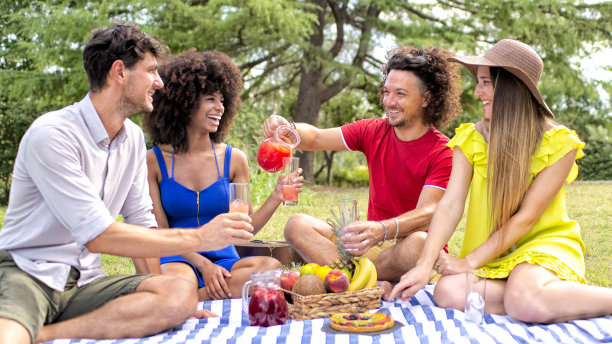 暑假户外野餐。一群多种族的朋友在公园的花园里吃东西，喝饮料，躺在毯子上。人们甜蜜的休息，一起享用蛋糕作为早餐。生活方式的概念图片下载