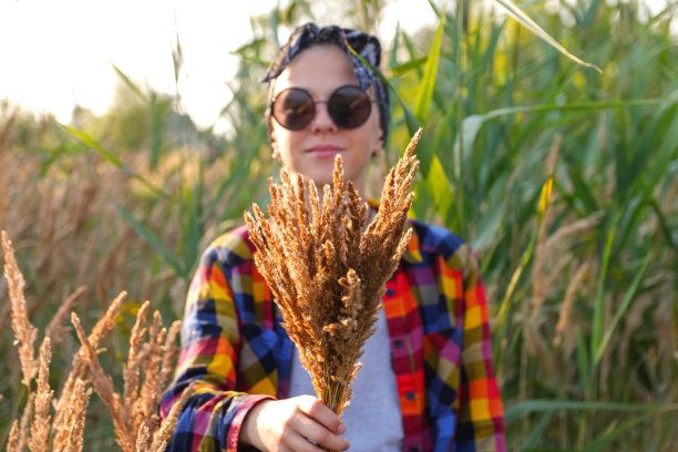 在自然背景下行走的小女孩失焦：小女孩拿着一束蒲苇草并展示它，前景是模糊的芦苇图片下载