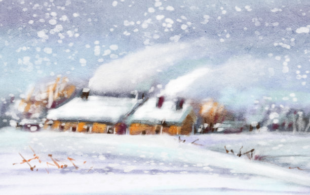 具有冬季景观的小村庄。图片下载