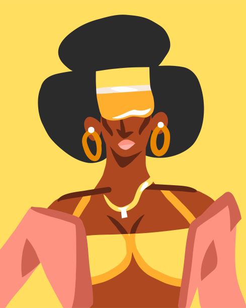 手绘矢量抽象平面股票现代图形插图的年轻快乐复古迪斯科非裔美国女孩轮滑字符，90复古头像概念，复古矢量人设计图片下载