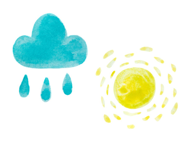 手绘水彩画黄色的太阳和蓝色的云。孤立在白色的。儿童纺织品元素，包装纸，天气表面设计，背景。图片下载