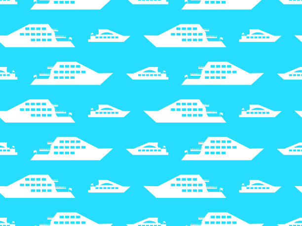 游艇无缝模式。蓝色背景上的白色快艇轮廓。设计横幅，海报和织物印刷。矢量图图片下载