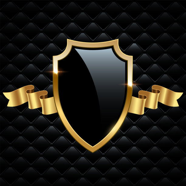 带金框和丝带的玻璃盾牌。金属纹章标志矢量插图。复古奢华元素与闪耀的火花。纹章徽章，古董金色装饰黑色VIP背景图片下载