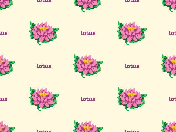 黄色背景上的卡通人物莲花无缝图案。图片下载