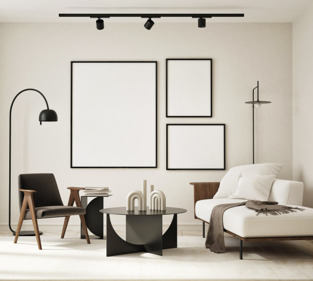 模拟海报框架在现代室内背景，客厅，斯堪的纳维亚风格，3D渲染，3D插图图片下载