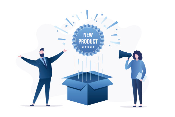 展示新产品的自信商人。开了大标签的纸板箱。业务推广、市场营销活动。演讲活动。两个创意人员或开发人员。图片下载