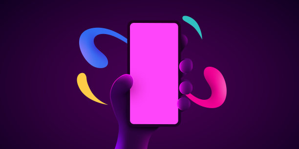 可爱的卡通手持手机智能手机。手机模型。颜色爆炸。手指触摸屏幕。图片下载