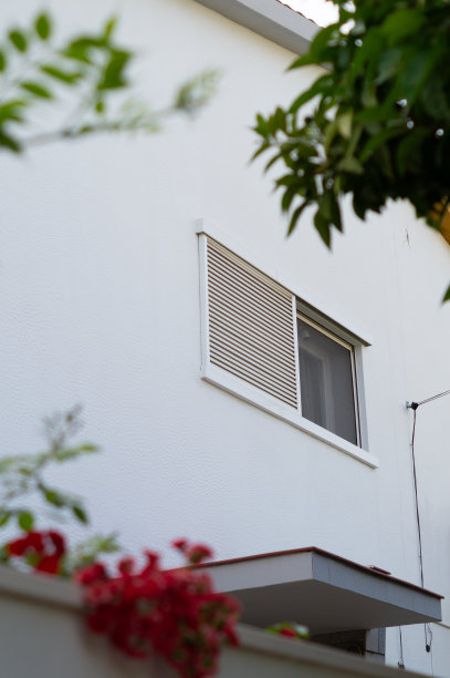 现代房屋的立面。有摄像头保护的窗户。房子有监控录像，防止入室盗窃。从公共道路上看到的一所房子的窗户。白色墙壁的现代立面。图片下载