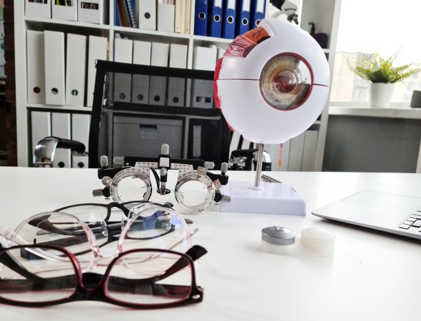 在验光师处选择视力眼镜和桌上的眼睛模型图片下载