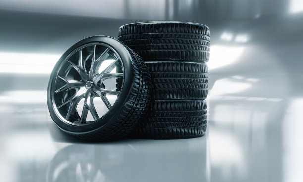 铸钢轮辋橡胶轮胎3D渲染汽车修理店图片下载