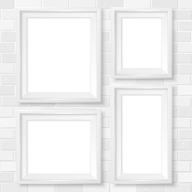 框墙画廊在白砖墙上。现代白色画框模拟。空简单的矢量框架展示你的插图，素描，绘画，海报或照片。图片下载