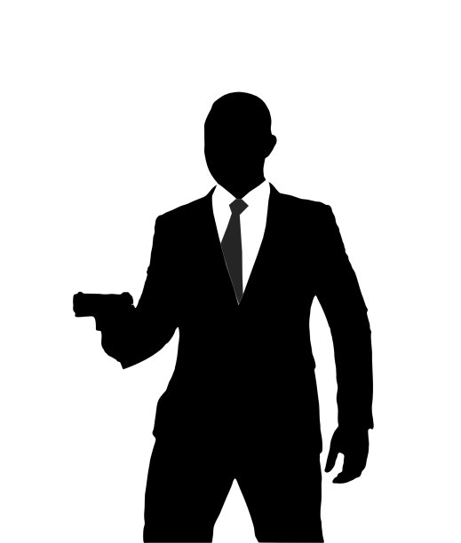 一个穿着西装拿着手枪的枪手的剪影。雇佣的侦探。因为剪切路径。图片下载