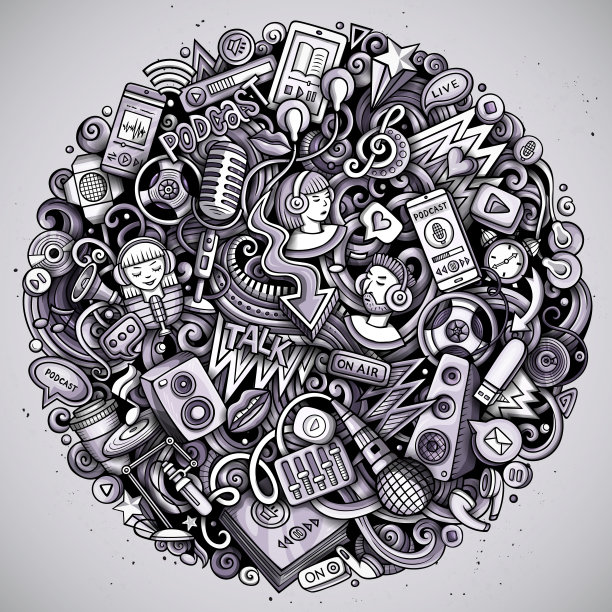 音频内容卡通涂鸦插图。图片下载