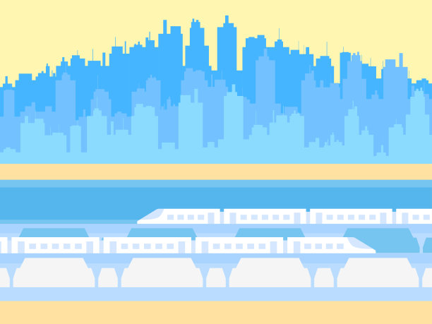 以火车为背景的城市景观。城市全景。火车在桥上。地铁的城市。城市天际线印刷，海报和宣传材料。矢量图图片下载