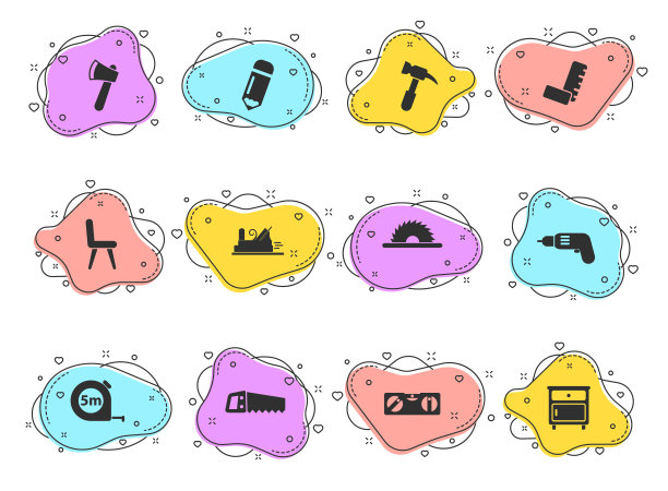 细木工字形矢量图标彩色气泡形状孤立在白色背景。细木工图标集的网页设计，移动应用程序和UI设计图片下载