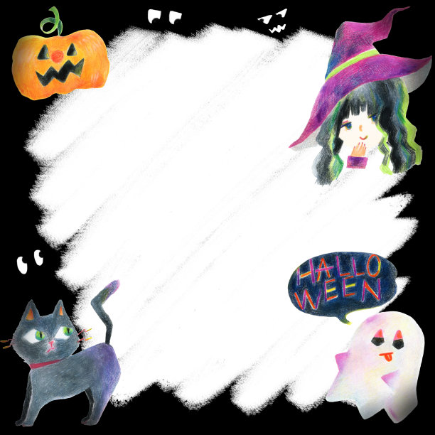 手绘万圣节插画框架的鬼，南瓜，鬼猫，巫婆图片下载