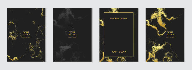覆盖集。黑色背景，几何复古图案。金色大理石grunge纹理。带有文本位置的垂直模板。图片下载