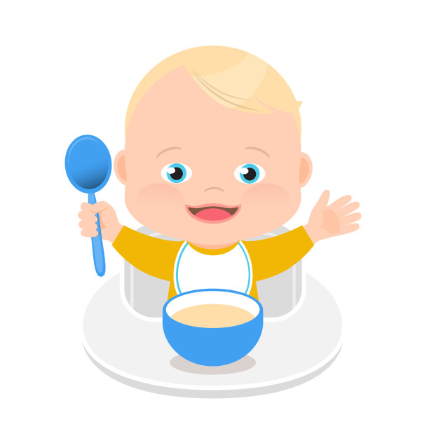 可爱的蓝眼睛小男孩和一个勺子和一个碗的固体糊食物，卡通插图。白色背景。图片下载