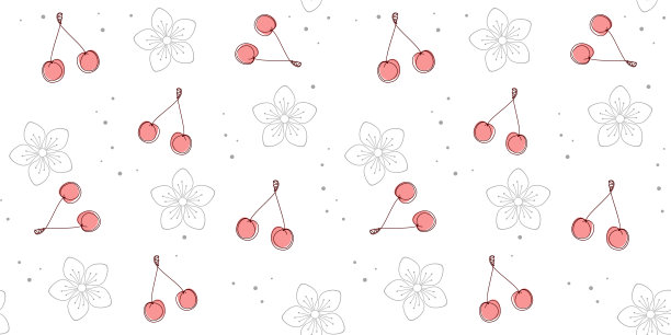 无缝图案与粉红色樱桃在白色背景和精致的灰色花图片下载