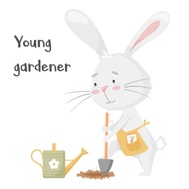 可爱的小兔子，用铲子挖土，种胡萝卜。小兔子园丁。可爱的动物，色彩柔和的人物。用于卡片、衣服、t恤印花。矢量插图在白色背景图片下载