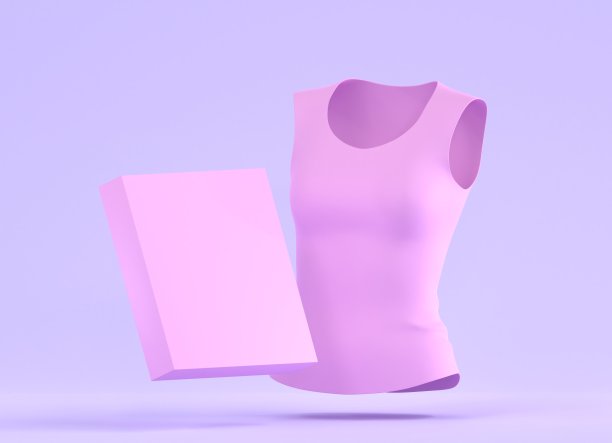 粉色女性t恤和纸板箱，角度视角。无袖背心和纸包装送货的现实模型。空白穿设计为女性运动或休闲的紫色背景，3d渲染图片下载