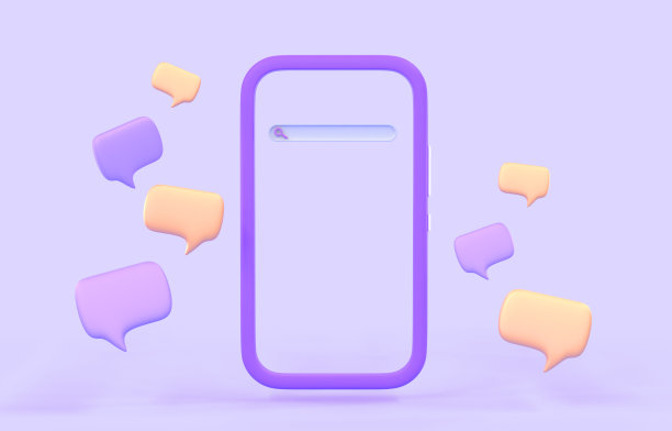 3D移动聊天或聊天机器人。智能手机屏幕与搜索栏和对话短信图标或文本气泡的紫色背景。在线信息，社交网络交流的概念，3d渲染图片下载