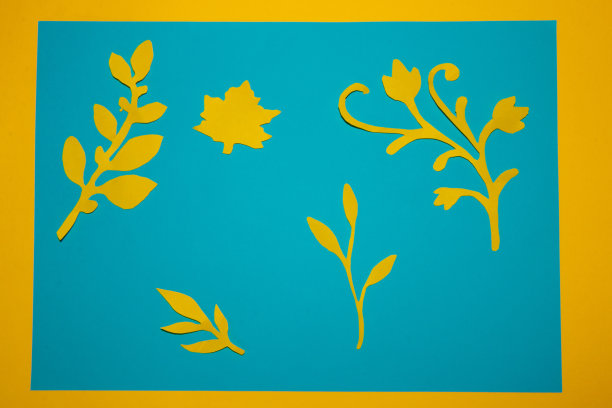 蓝色的叶子，黄色的背景上有黄色辣椒花的图案，创意的夏季艺术设计图片下载