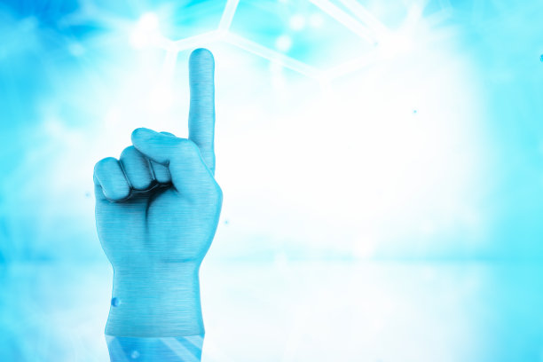 3D渲染食指对抽象蓝色背景图片下载