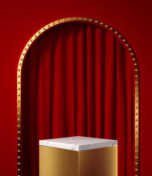 空旷的场景配以红色的幕布和金色的讲台，3d渲染图片下载
