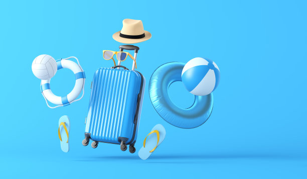 蓝色手提箱和海滩配件图片下载