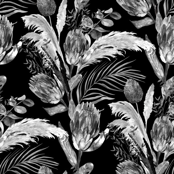 单色水彩无缝图案与植物标本室的protea花和热带棕榈叶在黑色背景图片下载