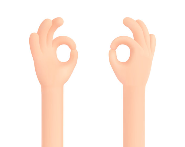 好的，白色上有人类的手势。从手的不同侧面看。同意、接受、同意、良好状态。好了，很好，一切顺利3d卡通概念。向量图片下载