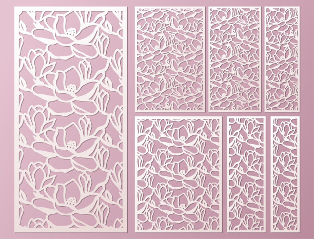 激光和模切装饰板模板设置与图案玉兰花。内阁回纹装饰面板。Lasercut金属面板。木雕。图片下载