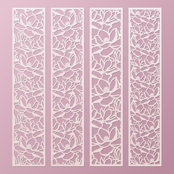 激光和模切装饰板模板设置与图案玉兰花。花边纸书签，剪边模板。内阁回纹装饰面板。图片下载