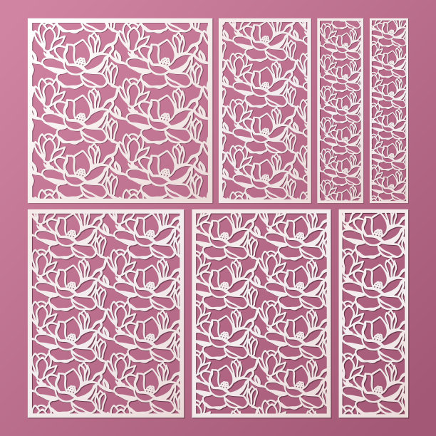激光和模切装饰板模板设置与图案玉兰花。内阁回纹装饰面板。Lasercut金属面板。木雕。图片下载