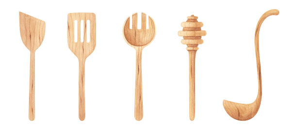 木制厨房铲，勺子，叉子，汤勺，蜂蜜勺，孤立在白色背景。水彩插图图片下载