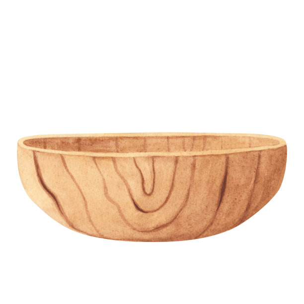 木制盘子，碗孤立在白色背景。水彩手绘插图。设计艺术，纺织品，菜单图片下载