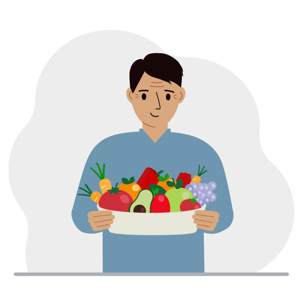 一个男人拿着一大盘健康的有机食品——蔬菜和水果。健康食品理念，健康生活方式，素食主义，农业。图片下载