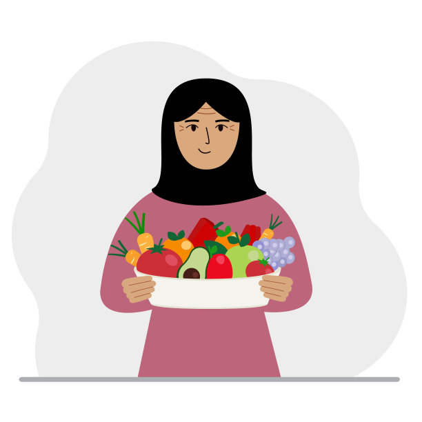 一名穆斯林妇女拿着一大盘健康的有机食品——蔬菜和水果。健康食品理念，健康生活方式，素食主义，农业。图片下载