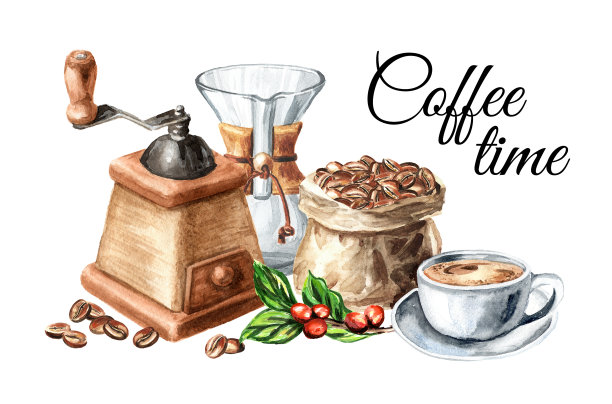 经典咖啡研磨机，滴杯咖啡和咖啡豆。手绘水彩插图孤立在白色背景图片下载