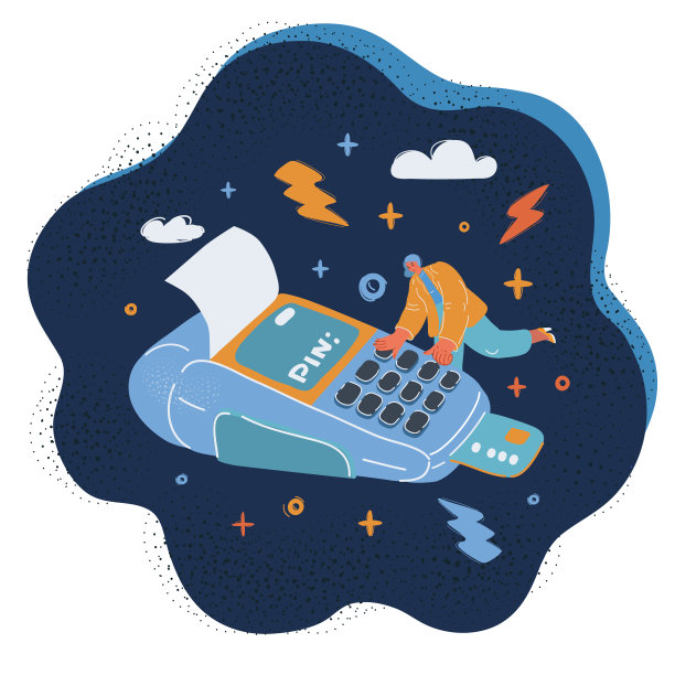 矢量插图的年轻女子显示持有信贷，借记卡，ATM卡刷卡机，POS支付终端和现金，钱，钞票包在手上在黑暗的背景图片下载