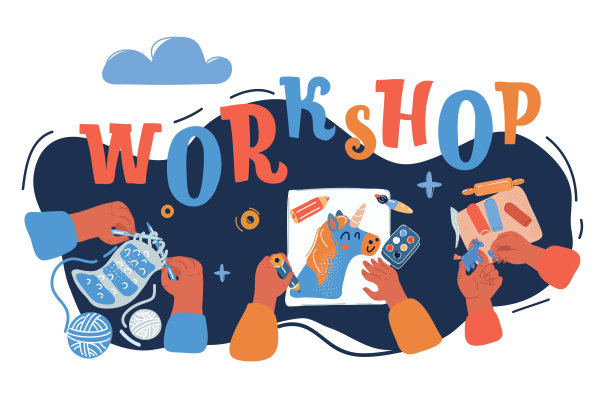 矢量插图。儿童创意工坊，画画，制作橡皮泥，编织，模板横幅等儿童教育课程图片下载