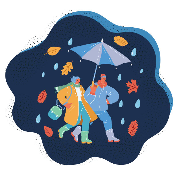 一对夫妇在秋天散步的卡通矢量插图图片下载