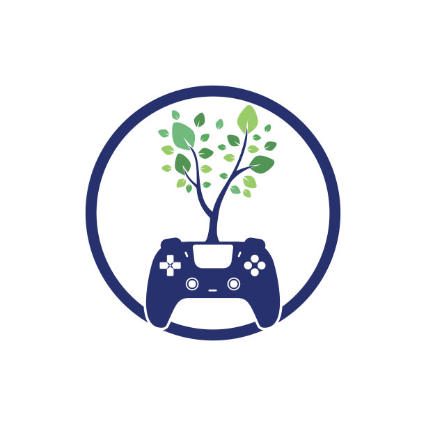 生态游戏矢量logo设计。绿色手柄鲜叶自然标志设计。图片下载