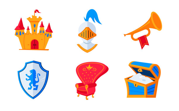 中世纪城堡和王国-平面设计风格的图标集图片下载