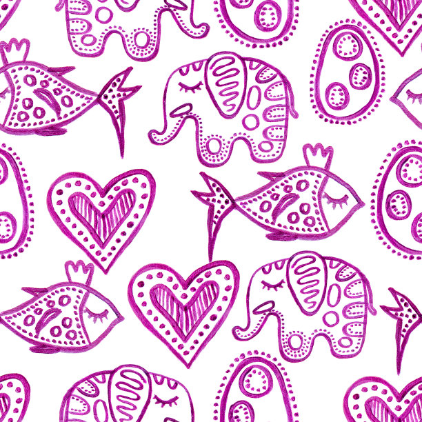 无缝手绘波西米亚瑜伽模式。装饰性的插图。紫色zentangle元素。大象、鱼、心脏、抽象的形状。孤立在白色图片下载
