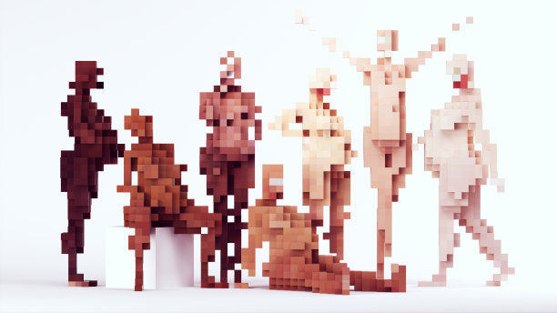 孕妇母亲多种族平等组强壮的姿势性别性别平等抽象立方体块像素体素与白色背景图片下载