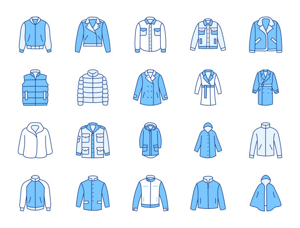 外套的衣服涂鸦插图包括图标-防水雨衣，风衣，派克大衣，风骗子，运动服，摩托车夹克。关于服装的细线艺术。蓝色，可编辑描边图片下载