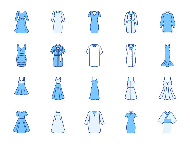 衣服衣服涂鸦插图包括图标-现代性感服装，晚上，日本和服，太阳裙，束缚，safari。关于女装的细线艺术。蓝色，可编辑描边图片下载