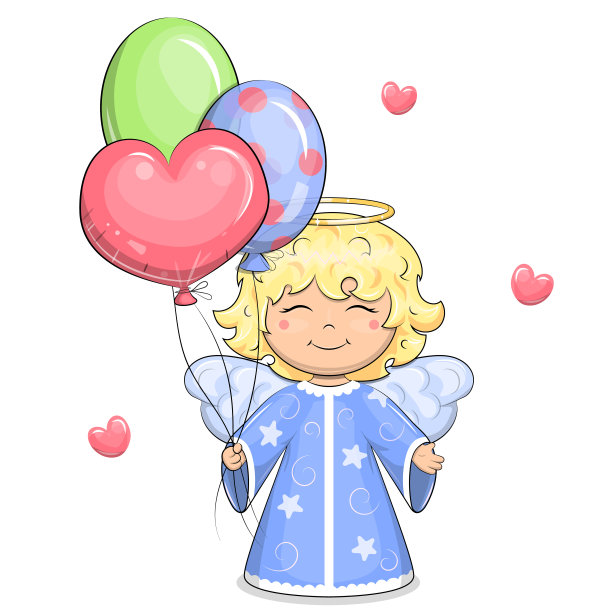 可爱的卡通天使，带着三个气球和一颗心。图片下载
